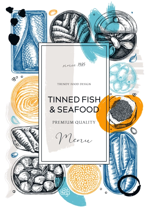 Collage-style canned fish frame design. Seafood background with hand-drawn sardines, anchovy, mackerel, tuna, mussels in tin can drawings. Healthy food  with tinned fish sketches and abstract shapes